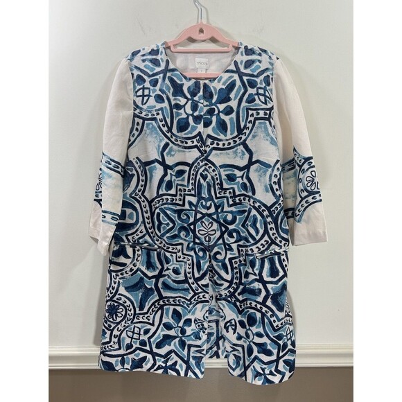 Chicos Duster Jacket Artisan Print 100% Linen Cardigan Artsy - Picture 1 of 13